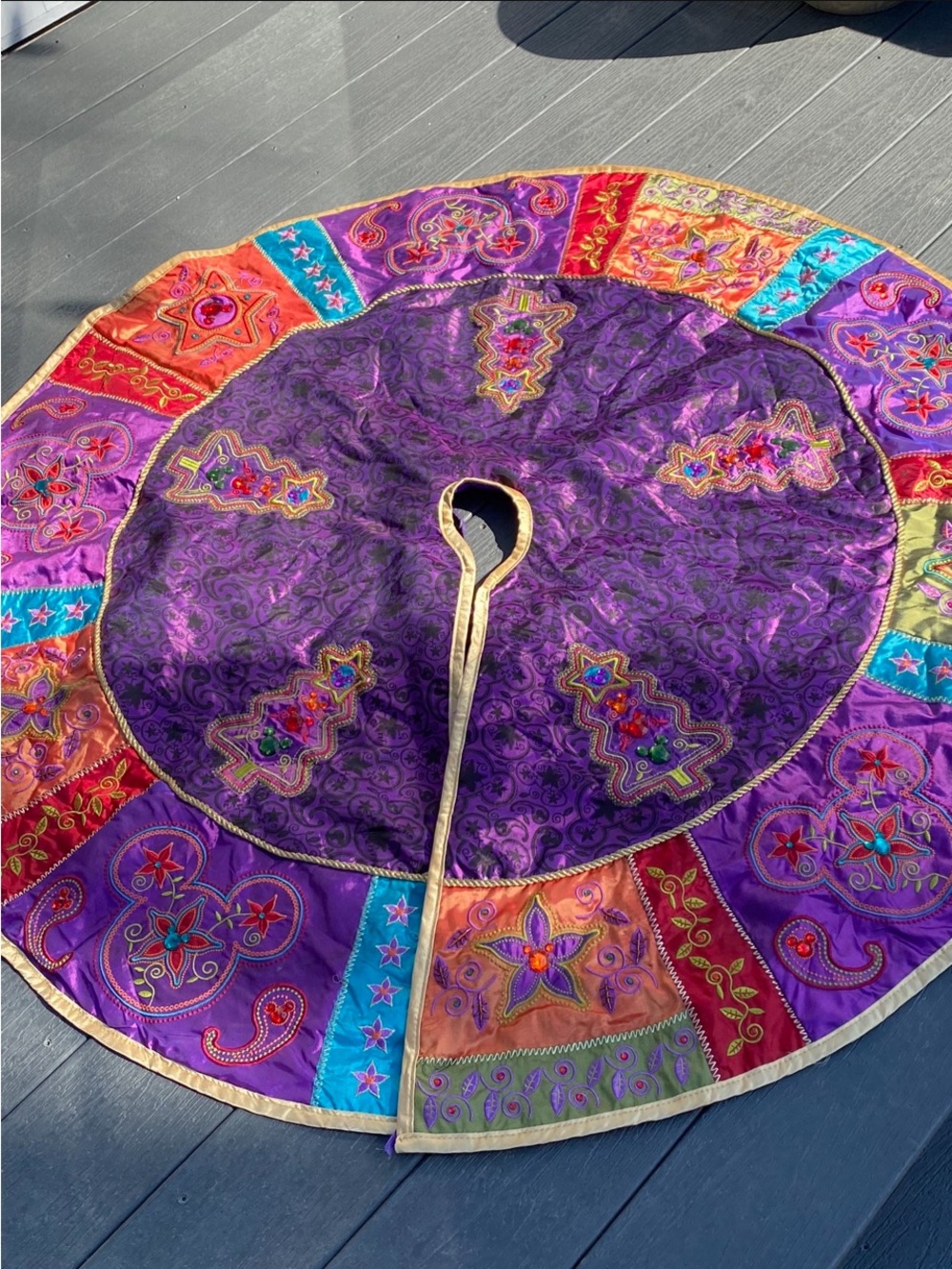 Disney Bohemian Purple Patchwork Embroidered Tree Skirt with Gold Trim